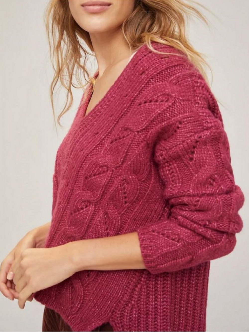 Anthropologie Ramona Cable Knit V Neck Knit Sweater in Pink size XL